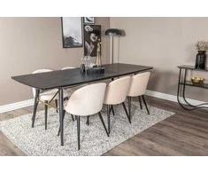 Venture Design Valgomasis stalas ir kėdžių komplektas, auksinė pratęsimo funkcija ir aksomo audinys, 180x85x76 cm, juoda ir beždžio spalvos