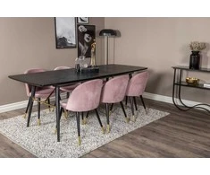 Venture Design Valgomasis stalas ir kėdžių komplektas, aukso išplėtimas ir aksomas, 180x85x76 cm, juoda ir rožinė
