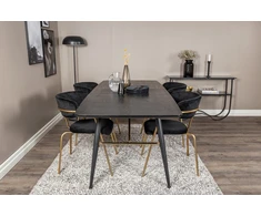 Venture Design Valgomasis stalas ir kėdžių komplektas, auksinis išplėtimas ir rodyklė, stalas: 180x85x76 cm, kėdė: 79x58x61 cm, juoda
