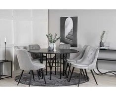 Venture Design Valgomasis stalas, Kopenhaga, ⌀140 cm, Juodas / Valgomasis kėdė, Velvečiaus prabanga, 66x88.5x50 cm, Šviesiai pilka