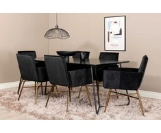 Venture Design Valgomasis stalas, Petra, 190x90 cm, Juodas, Valgomasis kėdė, Petra, 87x57 cm, Juoda