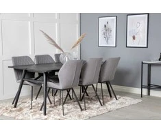 Venture Design Valgomasis stalas, Stilingas ištraukiamas stalas, 75x195x95 cm, Juodas ir Valgomasis kėdė, Gemma, 63x90x50 cm, Pilka