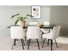 Venture Design Valgomojo komplektas Astrid valgomojo stalas ir Rosie kėdės 200x75 cm juoda smėlio spalvos audinys