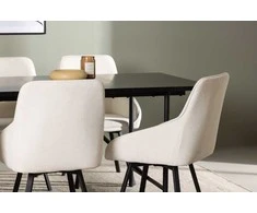 Venture Design Valgomojo komplektas Astrid valgomojo stalas ir Rosie kėdės 200x75 cm juoda smėlio spalvos audinys