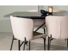 Venture Design Valgomojo komplektas Astrid valgomojo stalas ir Modesto valgomojo kėdės 200x75 cm juodos ir smėlio spalvos MDF ir bouclé