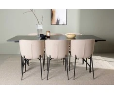 Venture Design Valgomojo komplektas Astrid valgomojo stalas ir Modesto valgomojo kėdės 200x75 cm juodos ir smėlio spalvos MDF ir bouclé