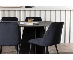 Venture Design Valgomojo komplektas Bootcut ovalus valgomojo stalas ir naktinė valgomojo kėdė 115x230 cm juoda mediena ir aksomas