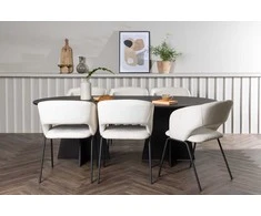 Venture Design Valgomojo komplektas Bootcut ovalus valgomojo stalas ir dieninė valgomojo kėdė 115x230 cm juoda balta linas