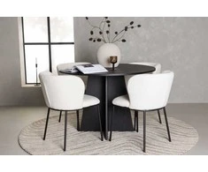 Venture Design Valgomojo komplektas Bootcut apvalus valgomojo stalas ir Edina valgomojo kėdės 110 cm juodos ir baltos spalvos MDF ir boucle audinys