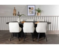 Venture Design Valgomojo komplektas Bootcut ovalus valgomojo stalas ir Rosie valgomojo kėdė 115x230 cm juoda smėlio spalvos audinys