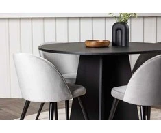 Venture Design Valgomojo komplektas Bootcut apvalus valgomojo stalas 110 cm, juodas, aksominis valgomojo kėdė, šviesiai pilka
