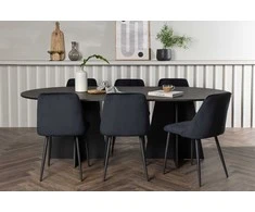 Venture Design Valgomojo komplektas Bootcut ovalus valgomojo stalas ir naktinė valgomojo kėdė 115x230 cm juoda mediena ir aksomas
