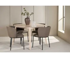 Venture Design Valgomojo komplektas Flora stalas su 4 Edina kėdėmis 120 cm balta ruda mediena audinys