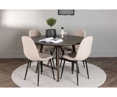 Venture Design Valgomojo komplektas Kaseidon apvalus valgomojo stalas ir Polar valgomojo kėdės 100 cm juoda smėlio spalvos guminė mediena MDF
