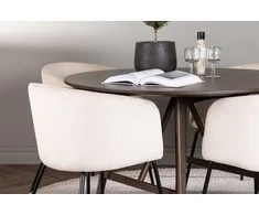 Venture Design Valgomojo komplektas Kaseidon valgomojo stalas ir Berit kėdės 100 cm ruda smėlio juodas aksomas guminė mediena MDF