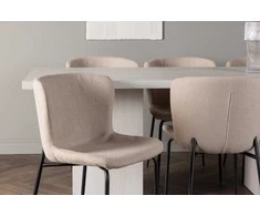 Venture Design Valgomojo komplektas Olga valgomojo stalas ir Modesto valgomojo kėdė 200x75 cm balta smėlio spalvos audinys