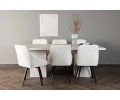 Venture Design Valgomojo komplektas Olga valgomojo stalas ir Rosie valgomojo kėdės 200x75 cm balta smėlio spalvos juoda audinys
