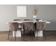 Venture Design Valgomojo komplektas Olga valgomojo stalas ir Modesto valgomojo kėdės 200x75 cm Balta Pilka Juoda Bouclé