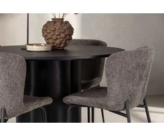 Venture Design Valgomojo komplektas Olivia valgomojo stalas ir Modesto valgomojo kėdės juodos spalvos pilkai mėlynas audinys