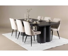 Venture Design Valgomojo komplektas Olivia valgomojo stalas su Leone valgomojo kėdė 210x100 cm juoda smėlio spalvos mediena aksomas plienas