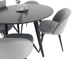 Venture Design Valgomojo komplektas Plaza apvalus valgomojo stalas 100x75 cm, juodas, aksominė valgomojo kėdė, šviesiai pilka