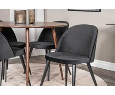 Venture Design Valgomojo komplektas Plaza apvalus stalas 100 cm riešuto viršus riešuto kojos juodos aksominės valgomojo kėdės 100 cm riešutas juoda