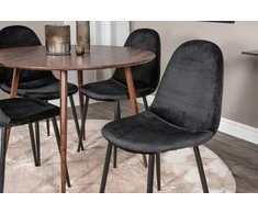Venture Design Valgomojo komplektas Plaza apvalus stalas 100 cm riešuto viršus riešuto kojos Polar valgomojo kėdė juodos kojos juodas aksomas 100 cm juodasis riešutas
