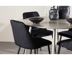 Venture Design Valgomojo komplektas Plaza stalas ir naktinės kėdės 120 cm smėlio spalvos ir juodos MDF ir aksomas