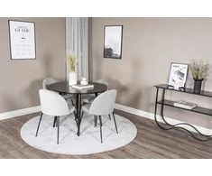 Venture Design Valgomojo komplektas Plaza apvalus valgomojo stalas 100x75 cm juodas raukšlėtas valgomojo kėdė pilkas aksomas