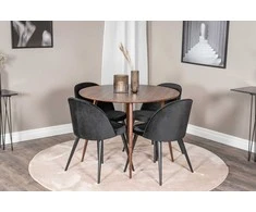 Venture Design Valgomojo komplektas Plaza apvalus stalas 100 cm riešuto viršus riešuto kojos juodos aksominės valgomojo kėdės 100 cm riešutas juoda