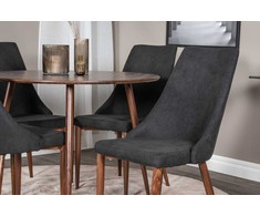 Venture Design Valgomojo komplektas Plaza apvalus stalas 100 cm riešutas, Leone valgomojo kėdė juoda medžiaga riešutas