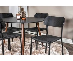 Venture Design Valgomojo komplektas Plaza apvalus stalas 100 cm juodojo riešuto kojelės Polly valgomojo kėdė 2 vnt. juoda