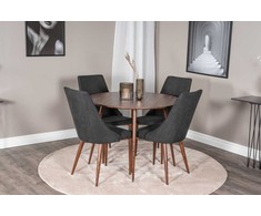 Venture Design Valgomojo komplektas Plaza apvalus stalas 100 cm riešutas, Leone valgomojo kėdė juoda medžiaga riešutas