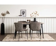 Venture Design Valgomojo komplektas Tempe valgomojo stalas ir Modesto valgomojo kėdė Juodasis graikinis riešutas, smėlio spalvos MDF, bouclé, metalas