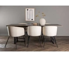 Venture Design Valgomojo komplektas Ystad valgomojo stalas ir Berit kėdė 100x220 cm juoda ruda smėlio spalvos veliūras