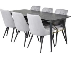 Venture Design Valgomojo stalas, auksinė išplėtimas, 180x85 cm, juodas, Valgomasis kėdė, Veltinio prabanga, 88.5x50 cm, šviesiai pilka