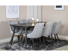 Venture Design Valgomojo stalas, auksinė išplėtimas, 180x85 cm, juodas, Valgomasis kėdė, Veltinio prabanga, 88.5x50 cm, šviesiai pilka