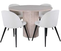 Venture Design Valgomojo stalas, Bianca apvalus, 110x74 cm, Baltas, Valgomasis kėdė, Velveto medžiaga, 57x76.5x50 cm, kreminė spalva
