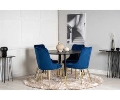 Venture Design Valgomojo stalas, Dipp, ⌀115 cm, Juodas, Velvečio prabanga kėdė, 66x88.5x50 cm, Mėlyna