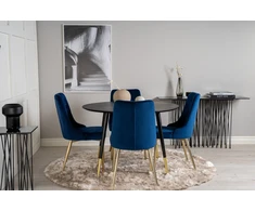 Venture Design Valgomojo stalas, Dipp, ⌀115 cm, Juodas, Velvečio prabanga kėdė, 66x88.5x50 cm, Mėlyna