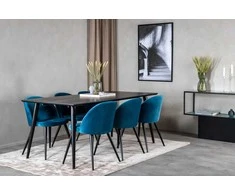 Venture Design Valgomojo stalas, Dipp, 180x90 cm, Juodas / Valgomasis kėdė, Velvetas, 57x76.5x50 cm, Mėlyna