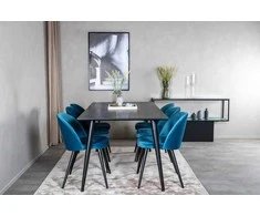 Venture Design Valgomojo stalas, Dipp, 180x90 cm, Juodas / Valgomasis kėdė, Velvetas, 57x76.5x50 cm, Mėlyna