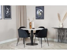 Venture Design Valgomojo stalas, Estelle, ø106x75 cm, Balta / Valgomasis kėdė, Raukšlės, 50x79.5x49 cm, Juoda