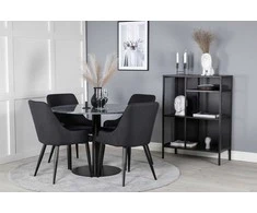Venture Design Valgomojo stalas, Estelle, ø106 A75 cm, Juodas / Valgomasis kėdė, Plaza, 58x86x49 cm, Juoda