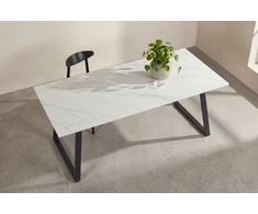 Venture Design Valgomojo stalas Estelle 200x90 cm, juodas/baltas marmuro imitacijos paviršius
