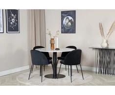 Venture Design Valgomojo stalas, Estelle, ø106x75 cm, Balta / Valgomasis kėdė, Raukšlės, 50x79.5x49 cm, Juoda