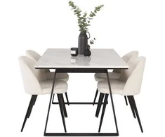 Venture Design Valgomojo stalas ir aksominė valgomojo kėdė Estelle 140x90 cm balto marmuro juoda