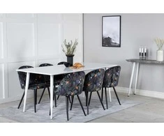 Venture Design Valgomojo stalas ir aksominės valgomojo kėdės 180 cm baltas juodas