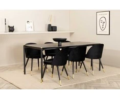 Venture Design Valgomojo stalas ir aksominės valgomojo kėdės komplektas Pelle 190x90x75 cm juodas aksomas žalvaris