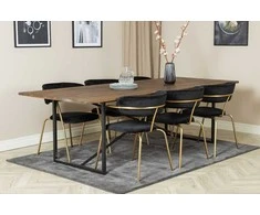 Venture Design Valgomojo stalas ir fotelio komplektas Padang 250x100x76 cm Tamsus tikas Juodas žalvaris Aksomas